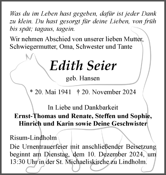 Traueranzeige von Edith Seier von Husumer Nachrichten, Nordfriesland Tageblatt