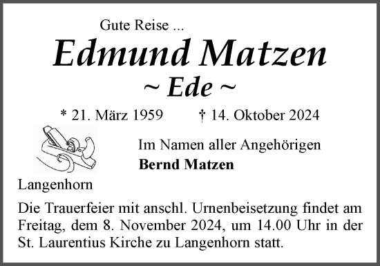 Traueranzeige von Edmund Matzen von Husumer Nachrichten, Nordfriesland Tageblatt