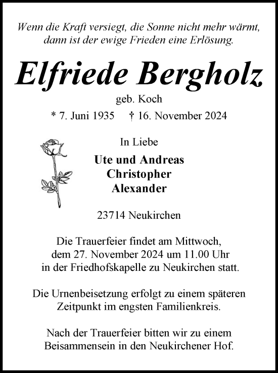 Traueranzeige von Elfriede Bergholz von Ostholsteiner Anzeiger