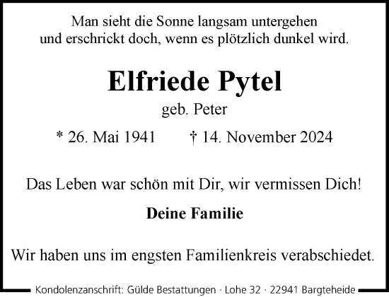 Traueranzeige von Elfriede Pytel von Stormaner Tageblatt