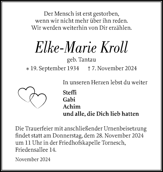 Traueranzeige von Elke-Marie Kroll von Uetersener Nachrichten, Der tip am Wochenende