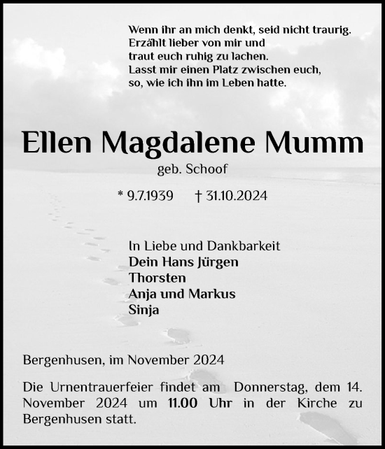 Traueranzeige von Ellen Magdalene Mumm von Schleswig-Holsteinische Landeszeitung