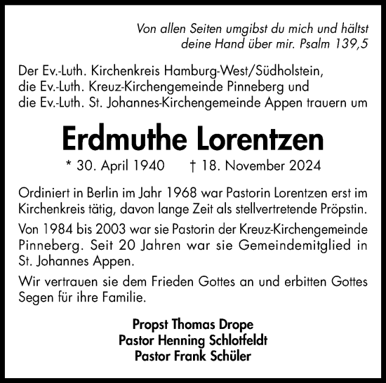 Traueranzeige von Erdmuthe Lorentzen von Region Pinneberg und tip Pinneberg