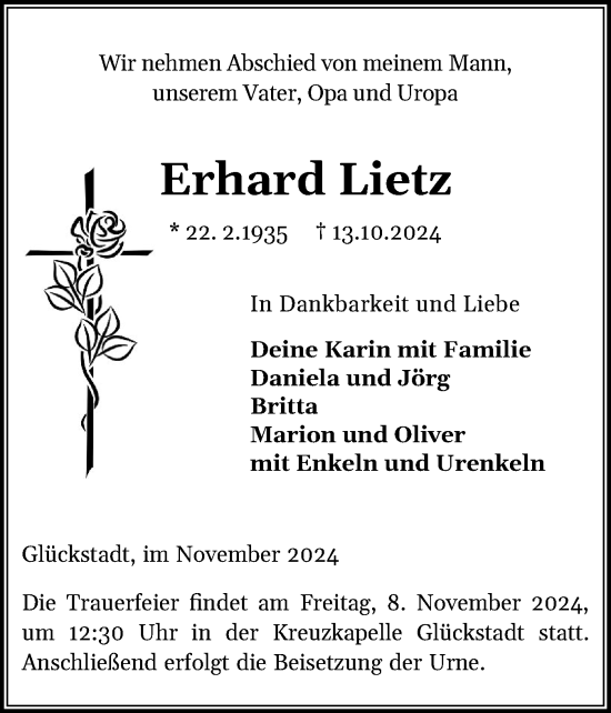 Traueranzeige von Erhard Lietz von Norddeutsche Rundschau, Wilstersche Zeitung, Glückstädter Fortuna