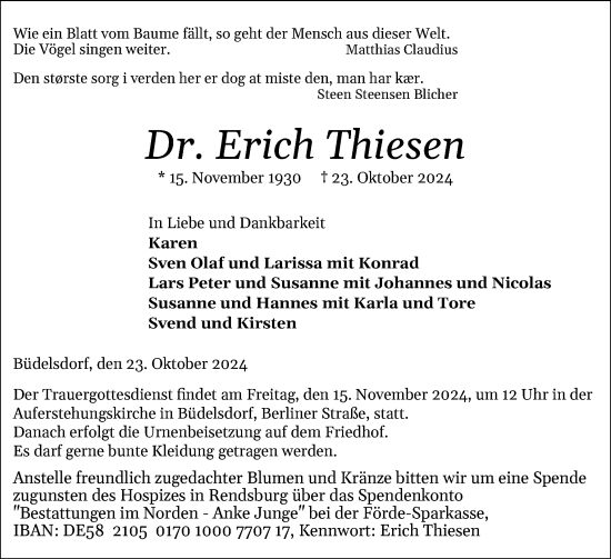 Traueranzeige von Erich Thiesen von Schleswig-Holsteinische Landeszeitung