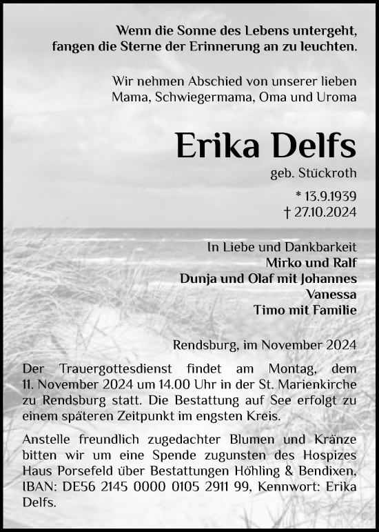 Traueranzeige von Erika Delfs von Schleswig-Holsteinische Landeszeitung