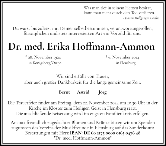 Traueranzeige von Erika Hoffmann-Ammon von Flensburger Tageblatt