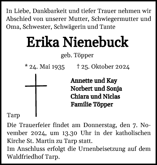 Traueranzeige von Erika Nienebuck von Flensburger Tageblatt