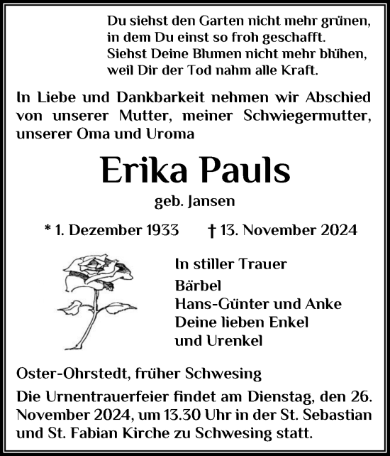 Traueranzeige von Erika Pauls von Husumer Nachrichten, Nordfriesland Tageblatt