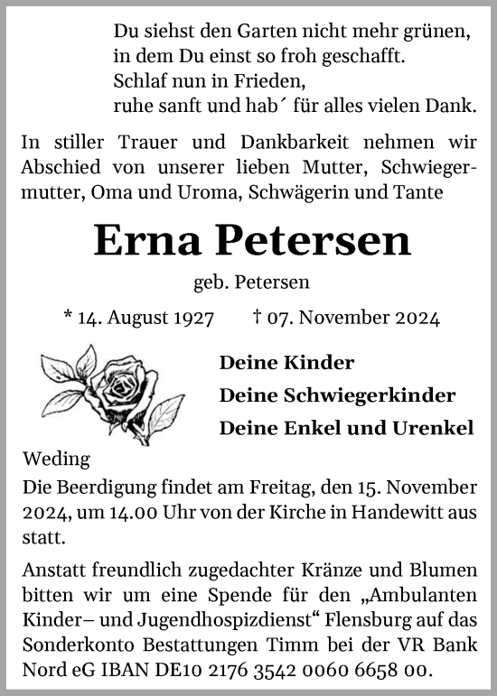 Traueranzeige von Erna Petersen von Flensburger Tageblatt