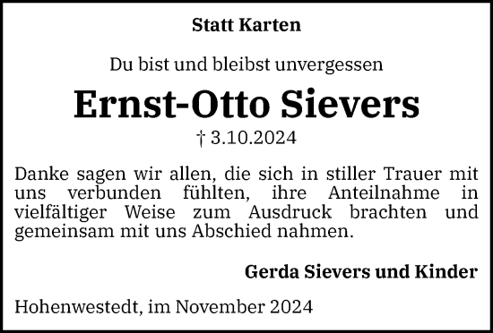 Traueranzeige von Ernst-Otto Sievers von Schleswig-Holsteinische Landeszeitung