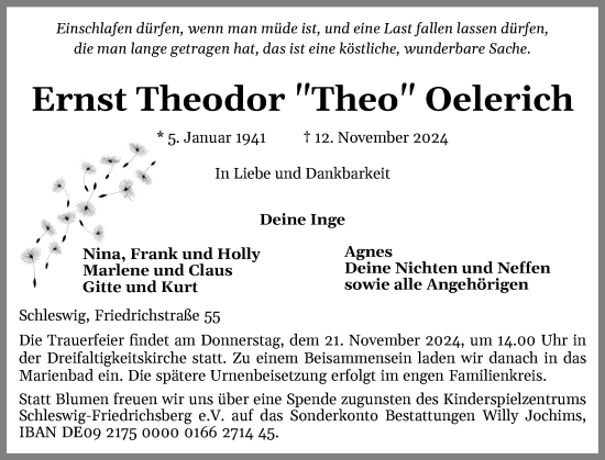 Traueranzeige von Ernst Theodor Oelerich von Schleswiger Nachrichten, Schlei-Bote