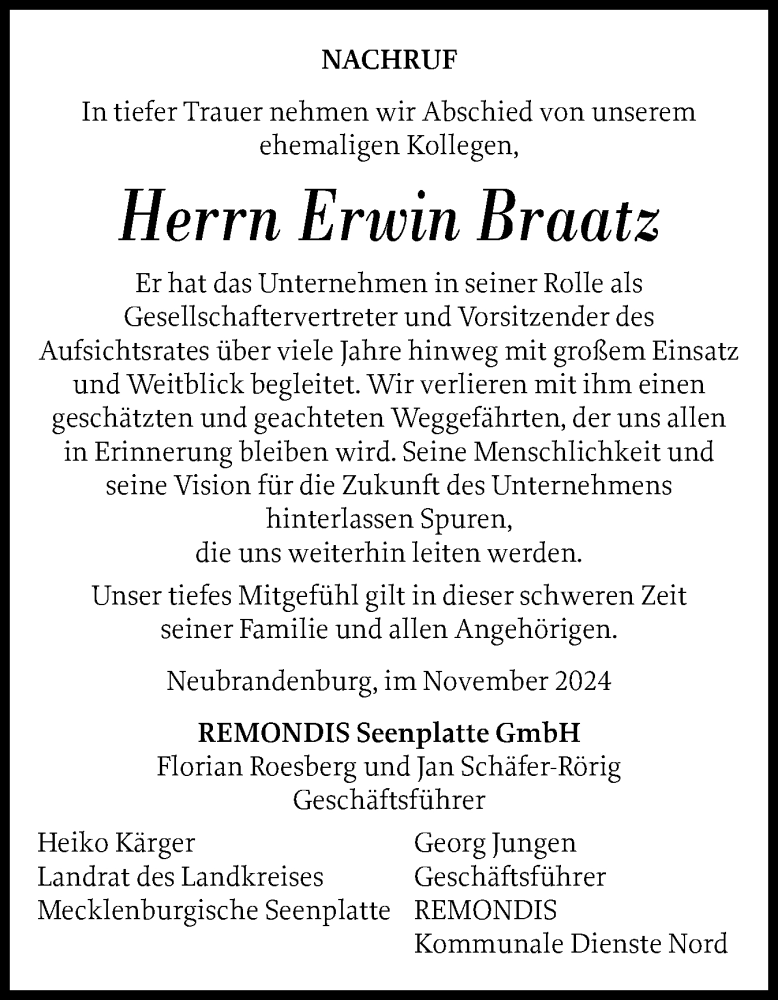  Traueranzeige für Erwin Braatz vom 23.11.2024 aus Husumer Nachrichten, Nordfriesland Tageblatt