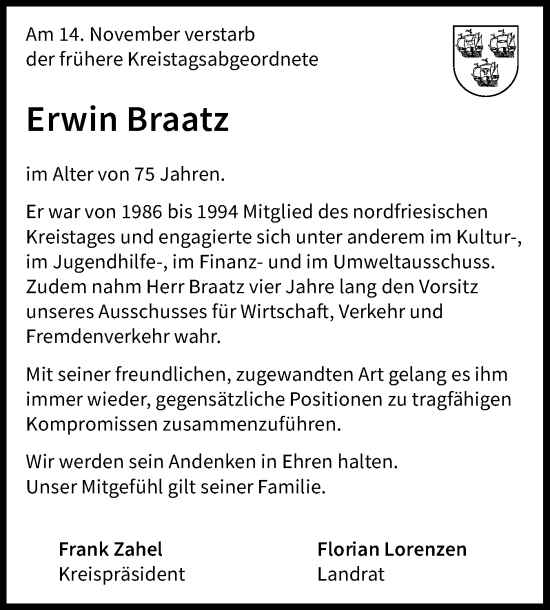 Traueranzeige von Erwin Braatz von Region Westküste