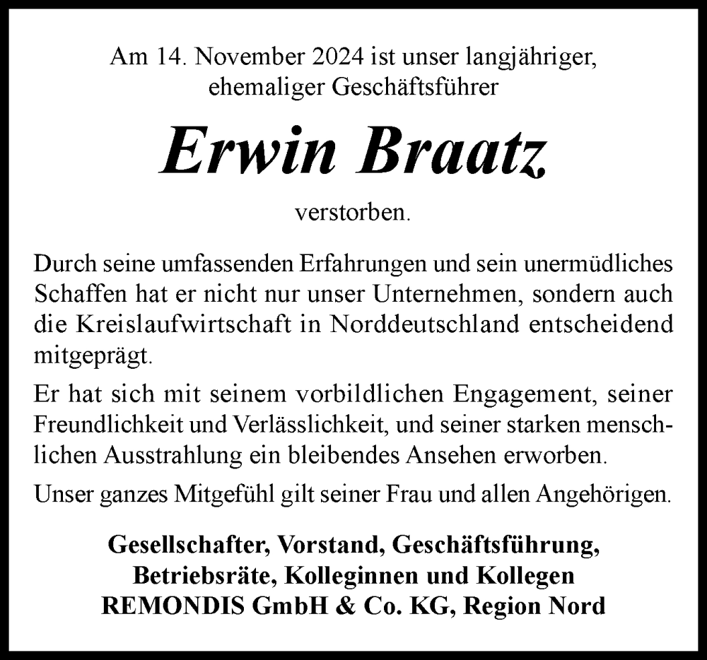  Traueranzeige für Erwin Braatz vom 23.11.2024 aus Husumer Nachrichten, Nordfriesland Tageblatt