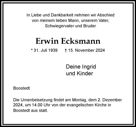 Traueranzeige von Erwin Ecksmann von Holsteinischer Courier