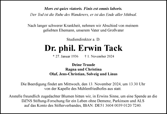 Traueranzeige von Erwin Tack von Flensburger Tageblatt