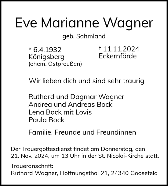 Traueranzeige von Eve Marianne Wagner von Eckernförder Zeitung