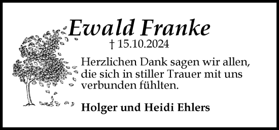 Traueranzeige von Ewald Franke von Flensburger Tageblatt