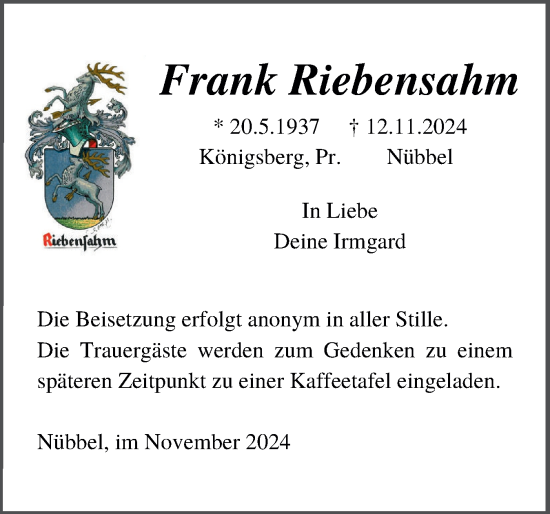 Traueranzeige von Frank Riebensahm von Schleswig-Holsteinische Landeszeitung