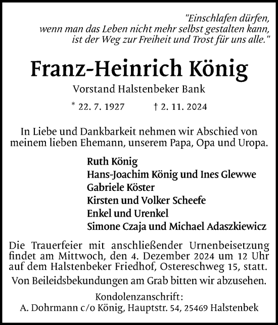 Traueranzeige von Franz-Heinrich König von Region Pinneberg und tip Pinneberg