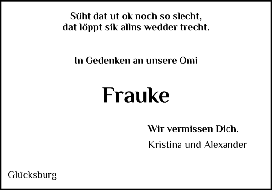 Traueranzeige von Frauke  von Flensburger Tageblatt