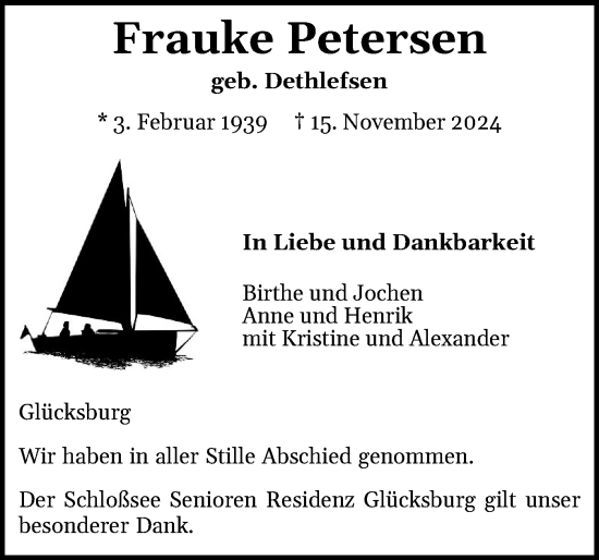 Traueranzeige von Frauke Petersen von Flensburger Tageblatt