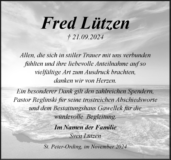 Traueranzeige von Fred Lützen von Husumer Nachrichten, Nordfriesland Tageblatt