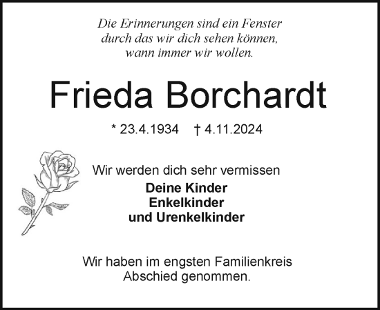 Traueranzeige von Frieda Borchardt von Holsteinischer Courier