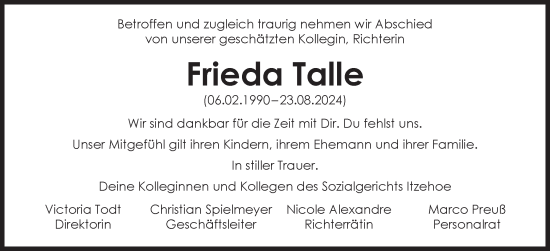 Traueranzeige von Frieda Talle von Norddeutsche Rundschau, Wilstersche Zeitung, Glückstädter Fortuna