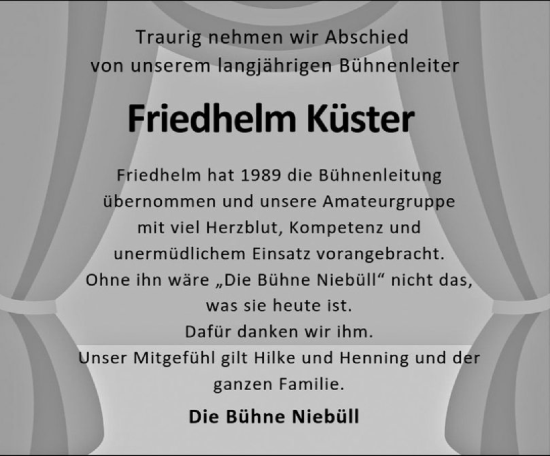 Traueranzeige von Friedhelm Küster von Husumer Nachrichten, Nordfriesland Tageblatt