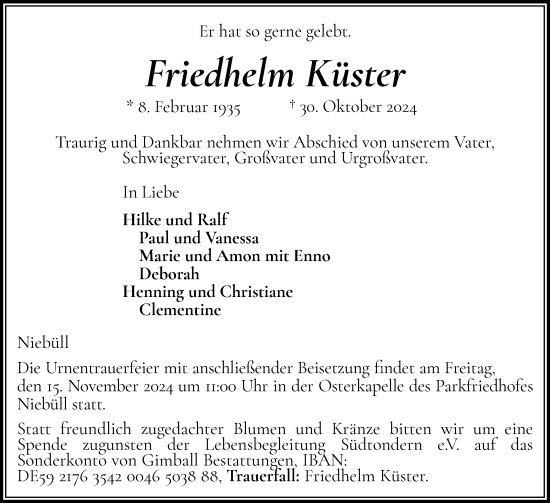 Traueranzeige von Friedhelm Küster von Husumer Nachrichten, Nordfriesland Tageblatt