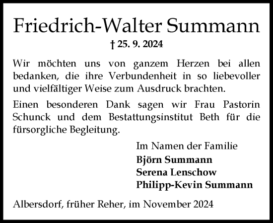 Traueranzeige von Friedrich-Walter Summann von Norddeutsche Rundschau, Wilstersche Zeitung, Glückstädter Fortuna