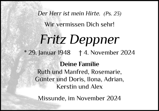 Traueranzeige von Fritz Deppner von Eckernförder Zeitung, Hallo Eckernförde