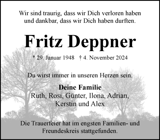 Traueranzeige von Fritz Deppner von Eckernförder Zeitung, Hallo Eckernförde