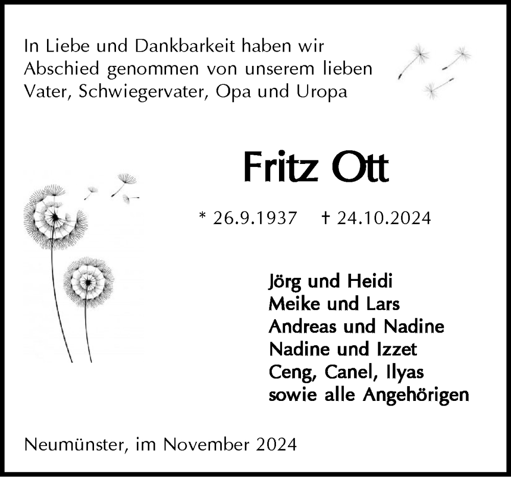  Traueranzeige für Fritz Ott vom 09.11.2024 aus Holsteinischer Courier