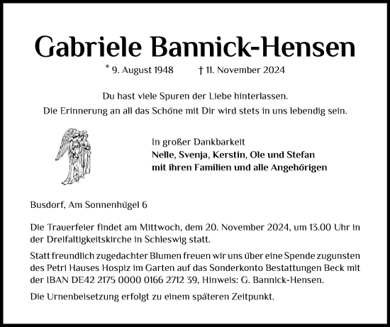 Traueranzeige von Gabriele Bannick-Hensen von Schleswiger Nachrichten, Schlei-Bote