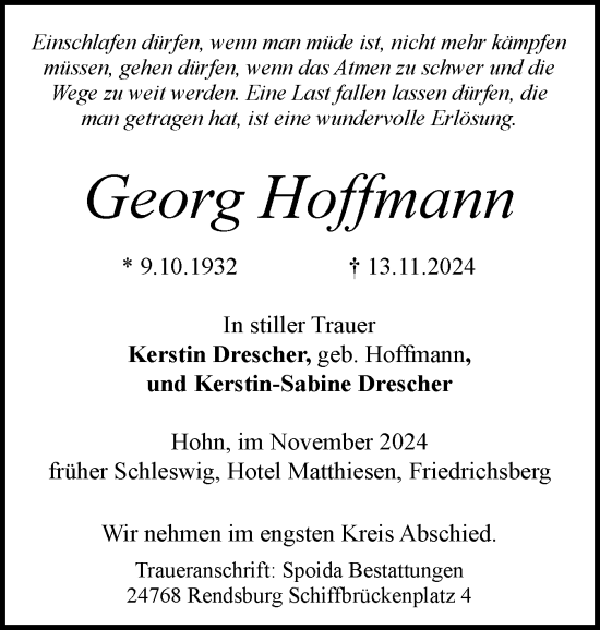 Traueranzeige von Georg Hoffmann von Schleswiger Nachrichten, Schlei-Bote