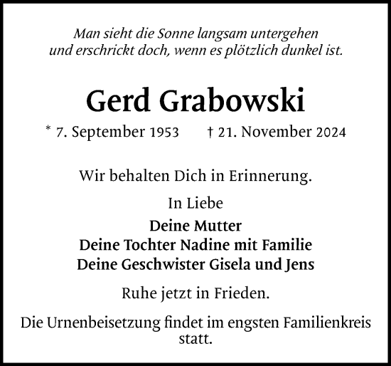 Traueranzeige von Gerd Grabowski von Region Pinneberg und tip Pinneberg