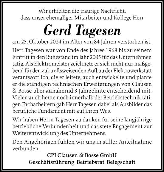 Traueranzeige von Gerd Tagesen von Husumer Nachrichten, Nordfriesland Tageblatt