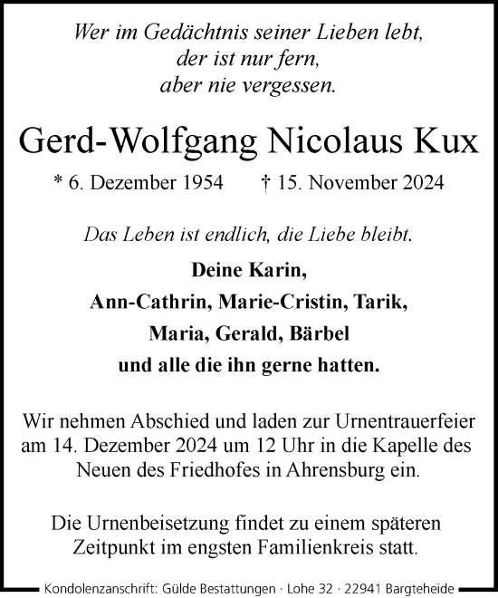 Traueranzeige von Gerd-Wolfgang Nicolaus Kux von Stormaner Tageblatt