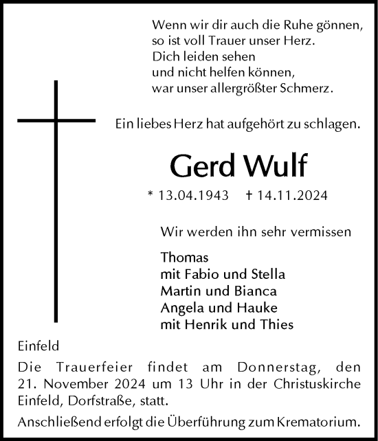 Traueranzeige von Gerd Wulf von Holsteinischer Courier