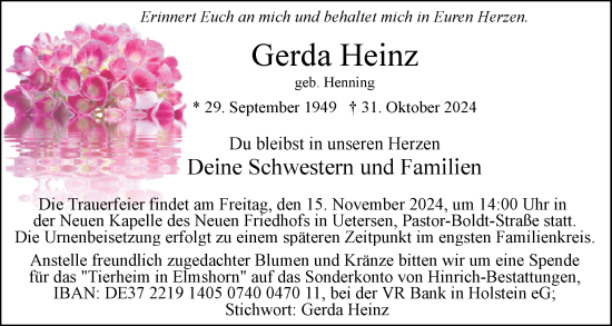 Traueranzeige von Gerda Heinz von Uetersener Nachrichten, Der tip am Wochenende