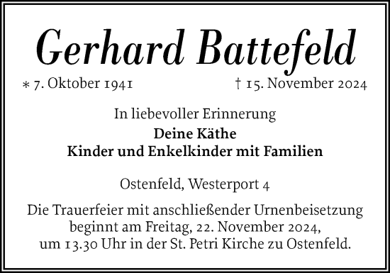 Traueranzeige von Gerhard Battefeld von Husumer Nachrichten, Nordfriesland Tageblatt