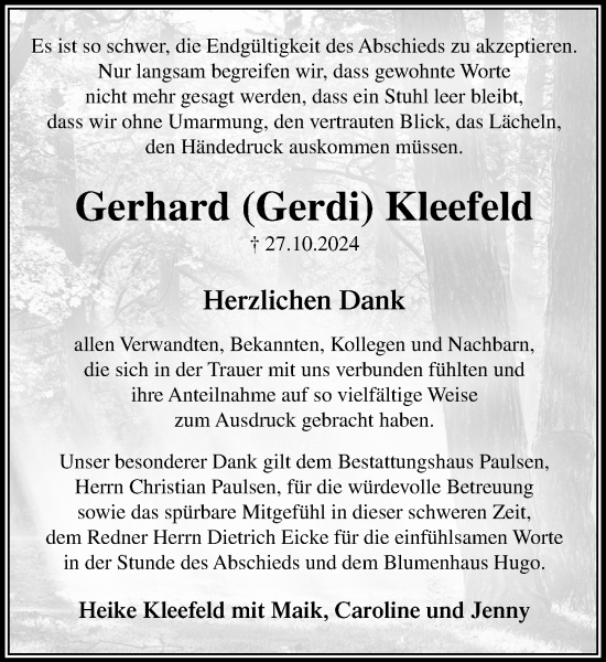 Traueranzeige von Gerhard Kleefeld von Stormaner Tageblatt