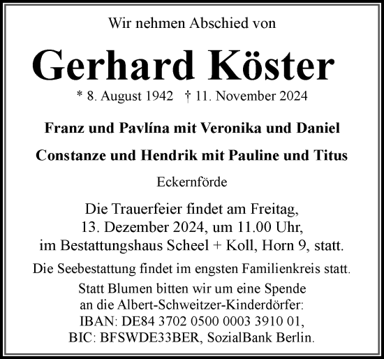 Traueranzeige von Gerhard Köster von Eckernförder Zeitung, Hallo Eckernförde