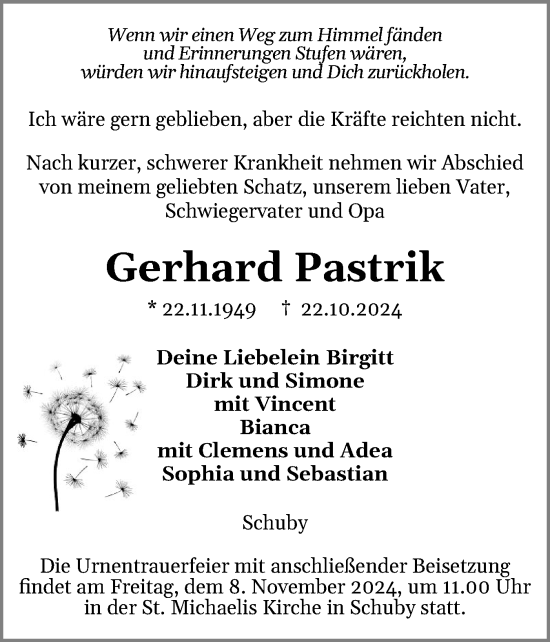 Traueranzeige von Gerhard Pastrik von Schleswiger Nachrichten, Schlei-Bote