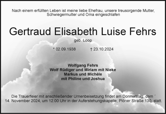 Traueranzeige von Gertraud Elisabeth Luise  Fehrs von Holsteinischer Courier