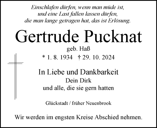 Traueranzeige von Gertrude Pucknat von Norddeutsche Rundschau, Wilstersche Zeitung, Glückstädter Fortuna