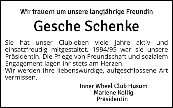 Traueranzeige von Gesche Schenke von Husumer Nachrichten, Nordfriesland Tageblatt